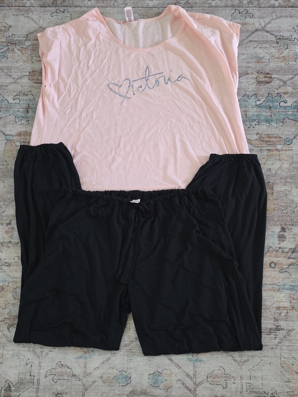 Victoria's Secret Pale Pink Short-Sleeve Sleep Top with Black Lounge Pants